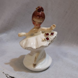 Graceful Vintage Josef Originals California Ballerina White TuTu Red Garnet Rhinestones Gold Leaves Gold Ballet Slippers Brunette Updo