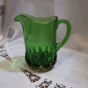 1905 Vintage United States Glass Co Green Glass Pitcher Gold Base Pressed Star Base Arched Ovals Concave Almond Howell Michigan EAPG #15091