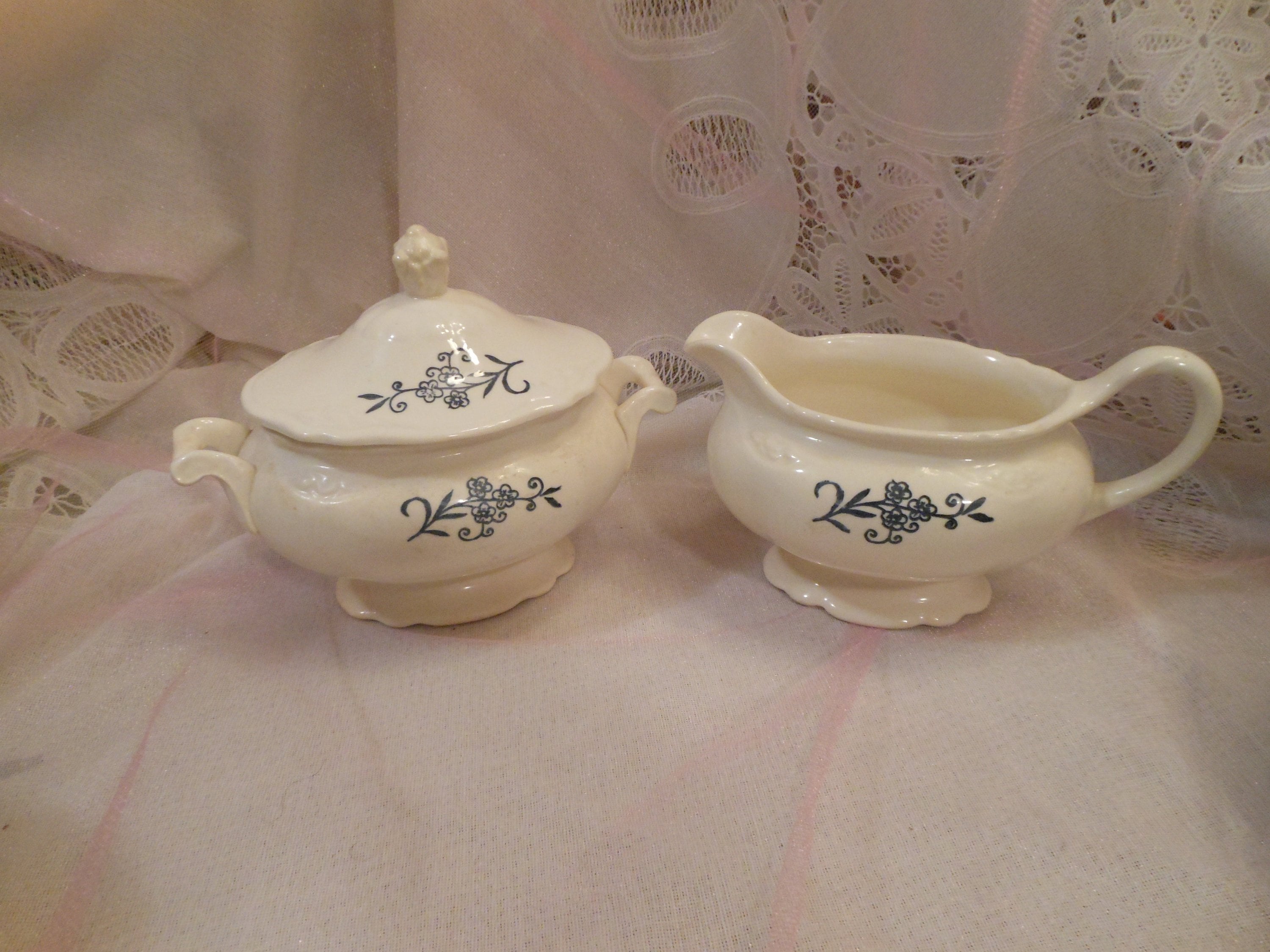 Vintage Creamer and Sugar Bowl w/ Lid White Dark Blue Flowers Etsy