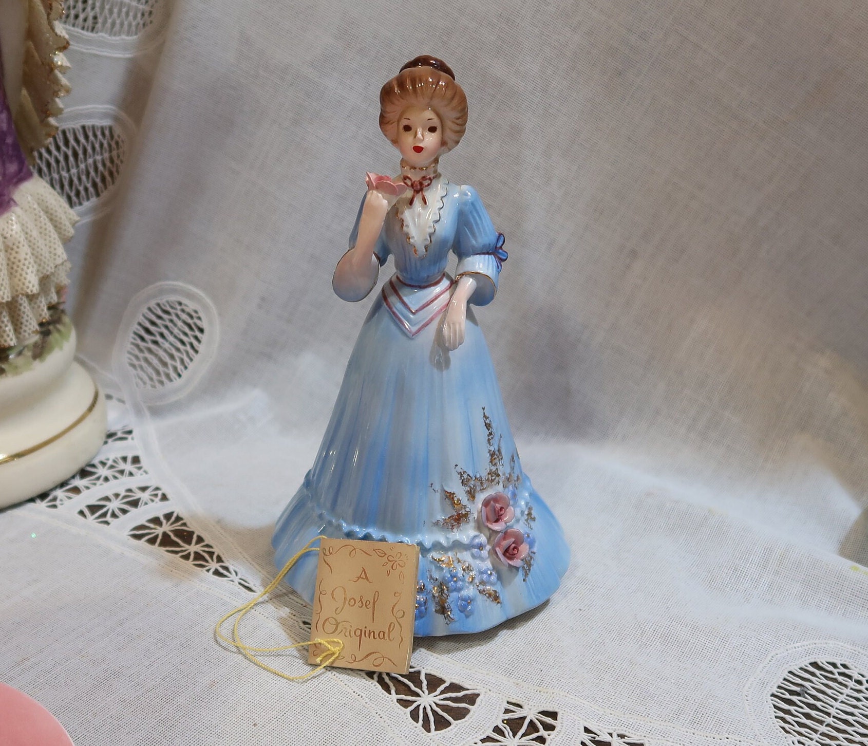 Graceful Vintage Josef Originals Maria Gibson Girl Series Blue Dress Pink Roses Blue Flowers Playing Holding Pink Rose Updo Victorian
