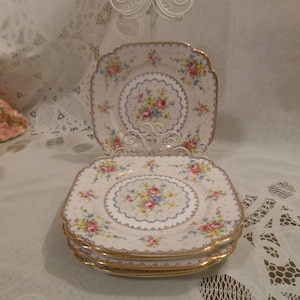Lovely Vintage Royal Albert Petit Point China Square Dessert Plate Pink Rose Yellow Blue Flowers Green Leaves Needle Point England