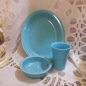 Vintage Original Fiesta Ware Turquoise 12&quot; Oval Platter 5 Oz. Tumbler & Fruit Bowl Homer Laughlin China c1936