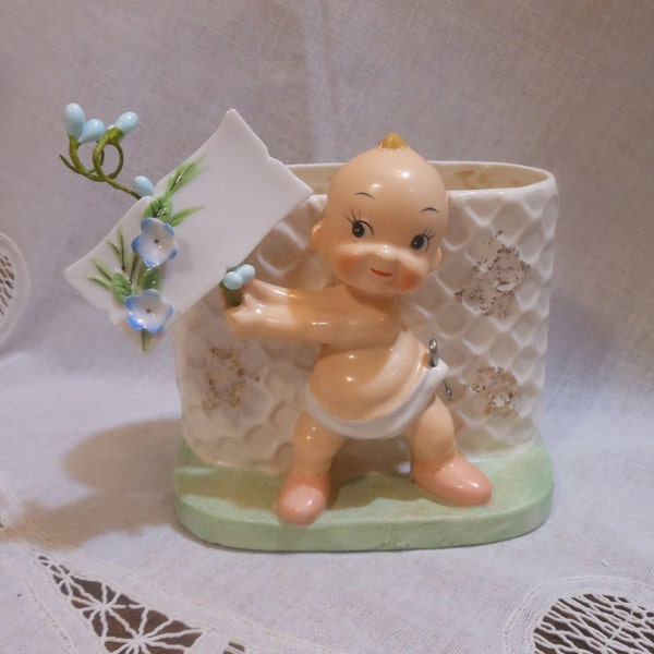 Adorable Napco Vintage Baby in Diaper Planter Real Pin in Diaper Holding Plaque Kewpie Hair Big Eyes White Honeycomb Green Base