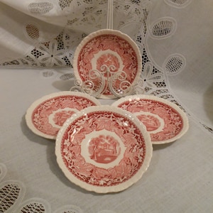Beautiful Antique c1890 Mason's Vista Pink (no border) 4 Cup Saucers Patent Ironstone England Transferware Leaves and Landscape #MASVISP