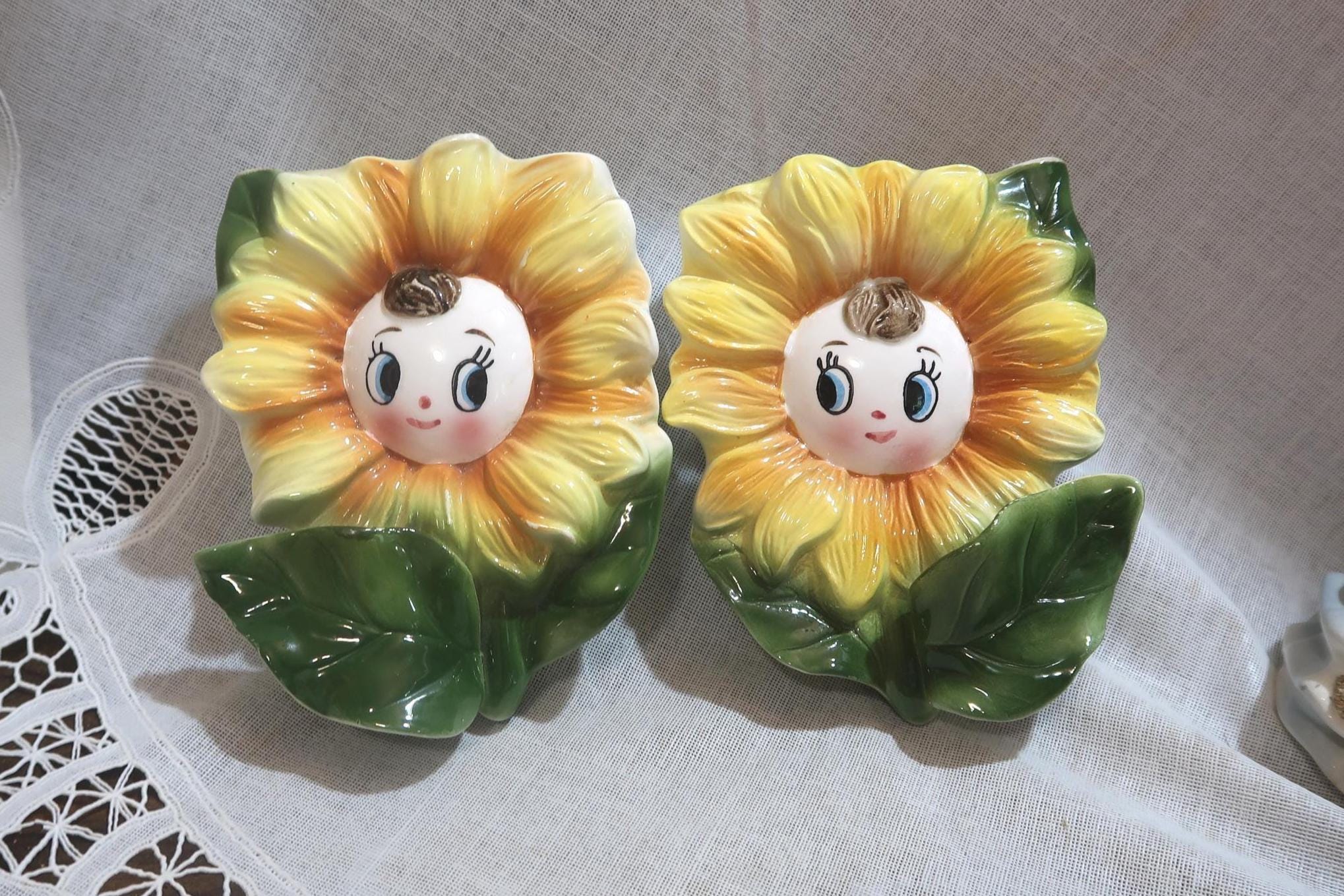 置物 nashu4mama Set of 2 Whimsical Small Anthropomorphic Vintage Sunflower Wall