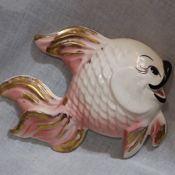 Sweet Vintage DeForest Pottery Wall Fish Plaque White Pink Shadow Gold Line Detail Embossed Scales Wavy Fins & Tail Smiling Black Lips Eyes