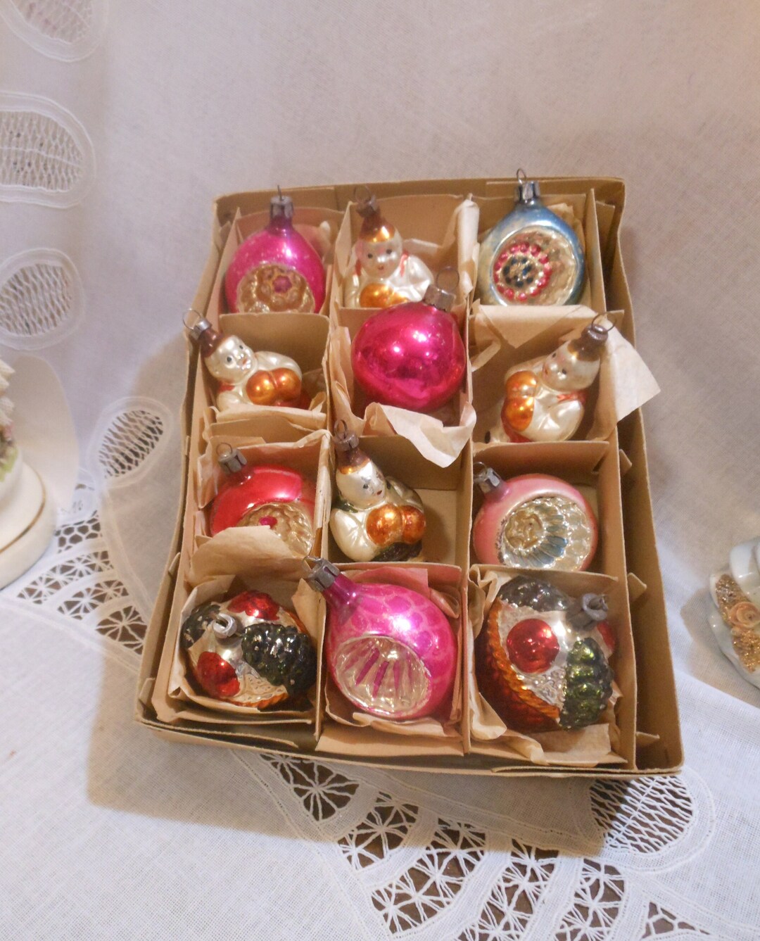 12 Vintage Blown Glass Christmas Bulbs Mercury Glass Assorted Colors