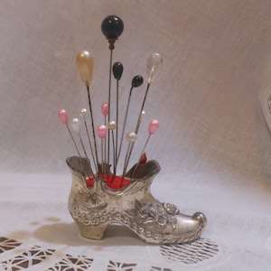 Vintage Holiday Imports Inc Cast Metal Lady&#39;s Boot Pin Cushion Silverplate Woman&#39;s Shoe Pot Metal Original Sticker