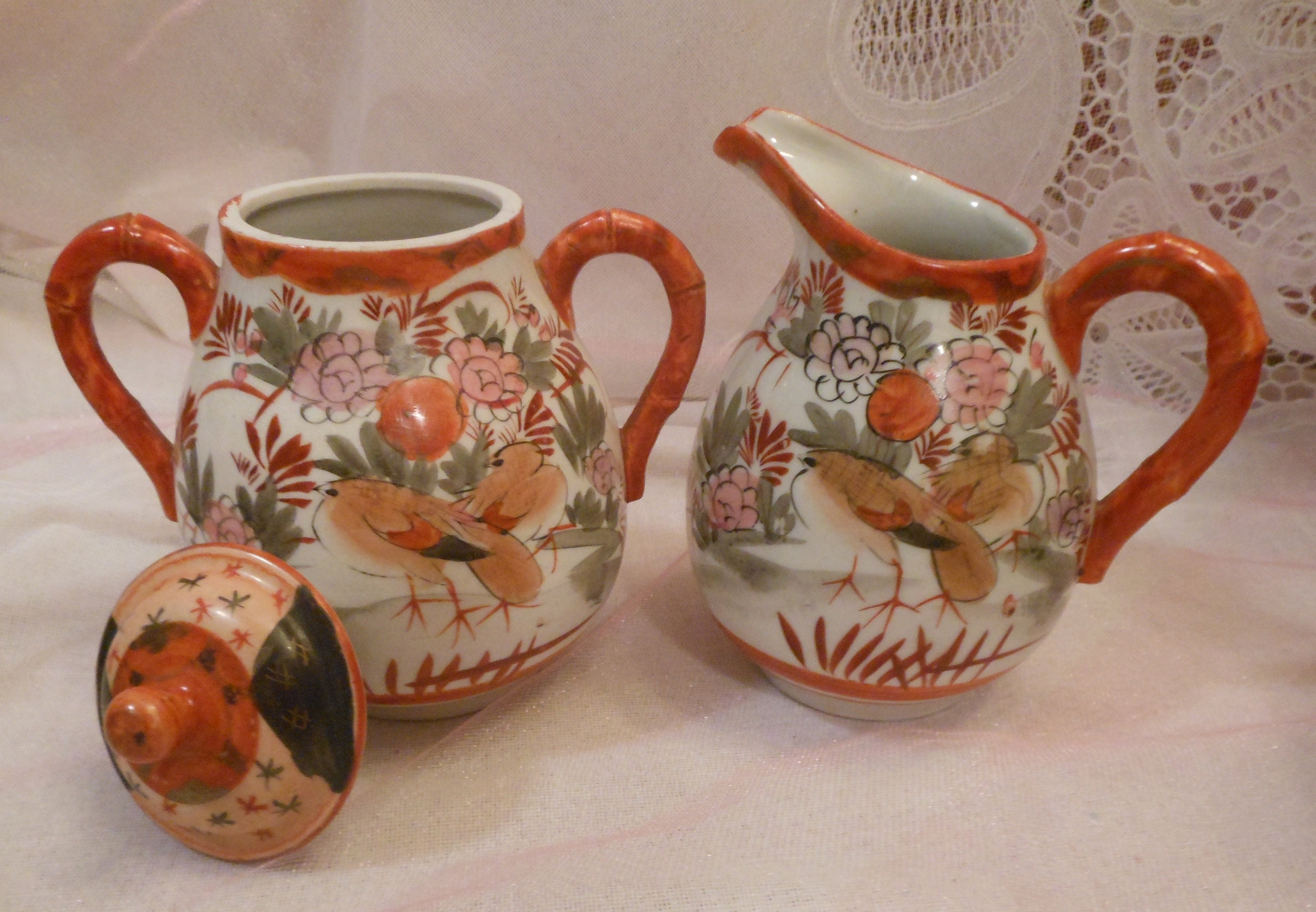 1930 Mark Kutani Hand Painted Sugar & Creamer Set Oriental 1930 Mark Kutani Hand Painted Sugar & Creamer Set Oriental