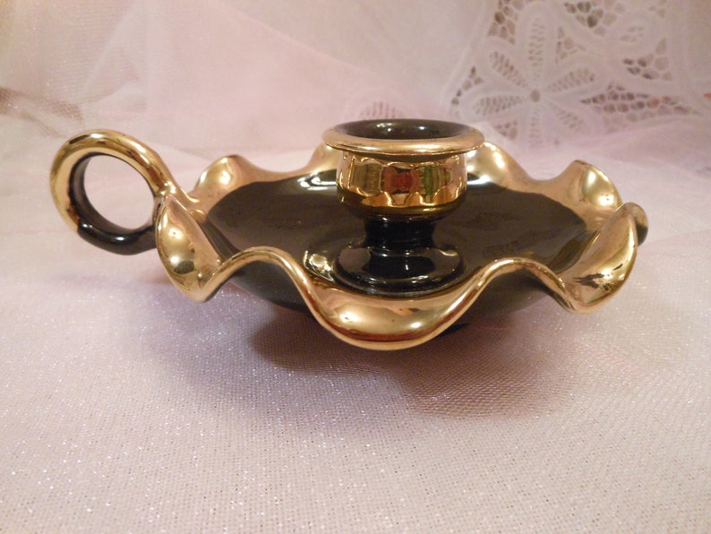 Exquisite Vintage Fluted Edge Black and Gold Chamber Candlestick Holder