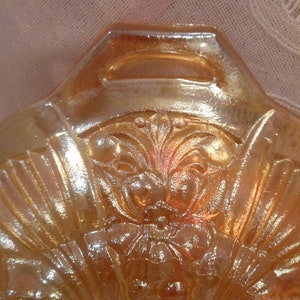 Vintage Indiana Killarney Amber Carnival Glass Divided Dish Heavy Iridescent Luster w/ Flower Pattern & Feet Marigold