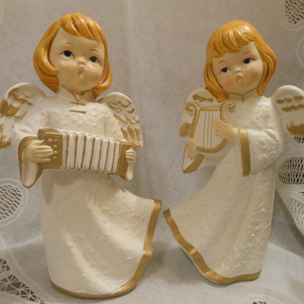 Set of 2 Vintage 8.5" Singing Novelty Caroling Angels Playing Harpsichord & Concertina Papier Mache Cream w/ Gold Kimono Robes Choir Japan