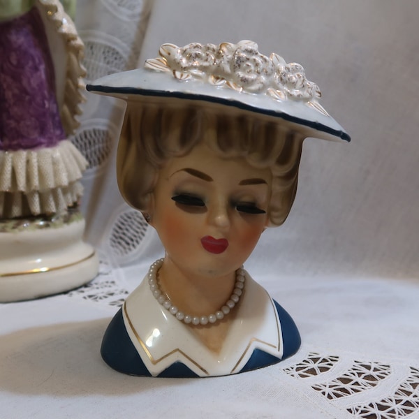 REPAIRED Vintage Relpo Lady Head Vase Blue Hat Dress White Collar Hat Flowers Gold Outline Closed Eyes Faux Pearl Necklace Black Lashes