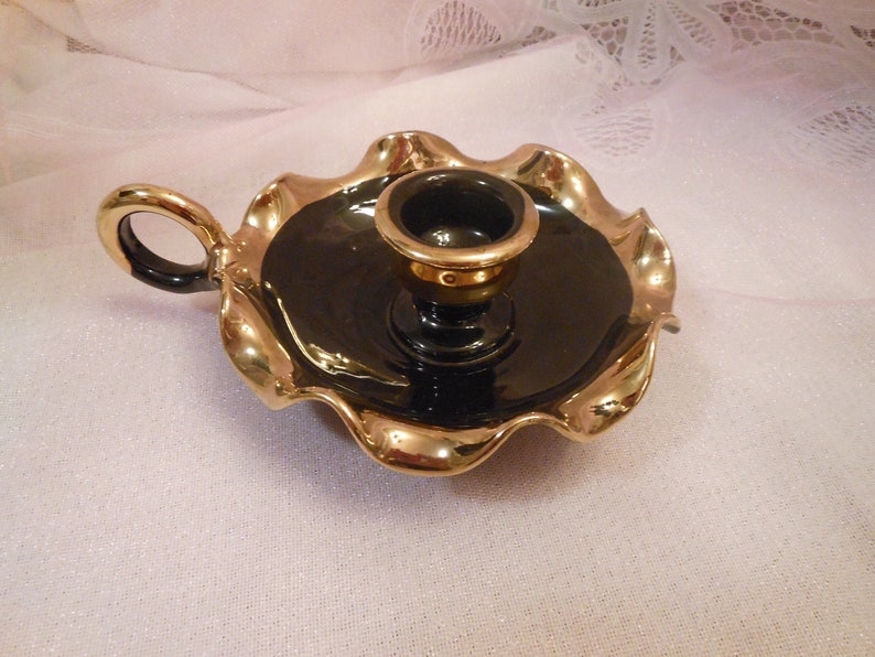 Exquisite Vintage Fluted Edge Black and Gold Chamber Candlestick Holder