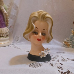 Lovely Vintage Napco Head Vase Woman Black Dress White Flowers Iridescent Rhinestone Centers Black Lashes Red Lips Streaked Blond Hair C6431