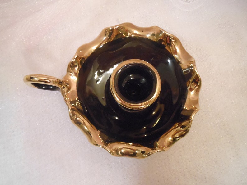 Exquisite Vintage Fluted Edge Black and Gold Chamber Candlestick Holder