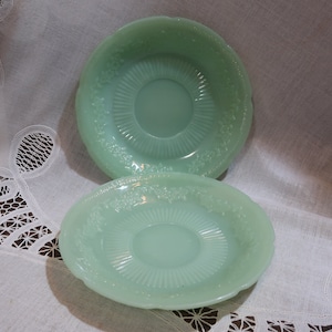 Set of 2 Lovely Vintage JadeIte Anchor-Hocking Fire-King Alice Pattern Cup Saucers Floral Garland Jane Ray Ribbing Scalloped Rim 1945 - 1949