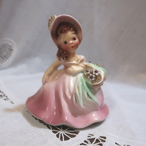Delightful Little Vintage Josef Originals Taffy California Tilt Head Pink Dress White Flowers Purple Rhinestones Brown Basket Green Sash