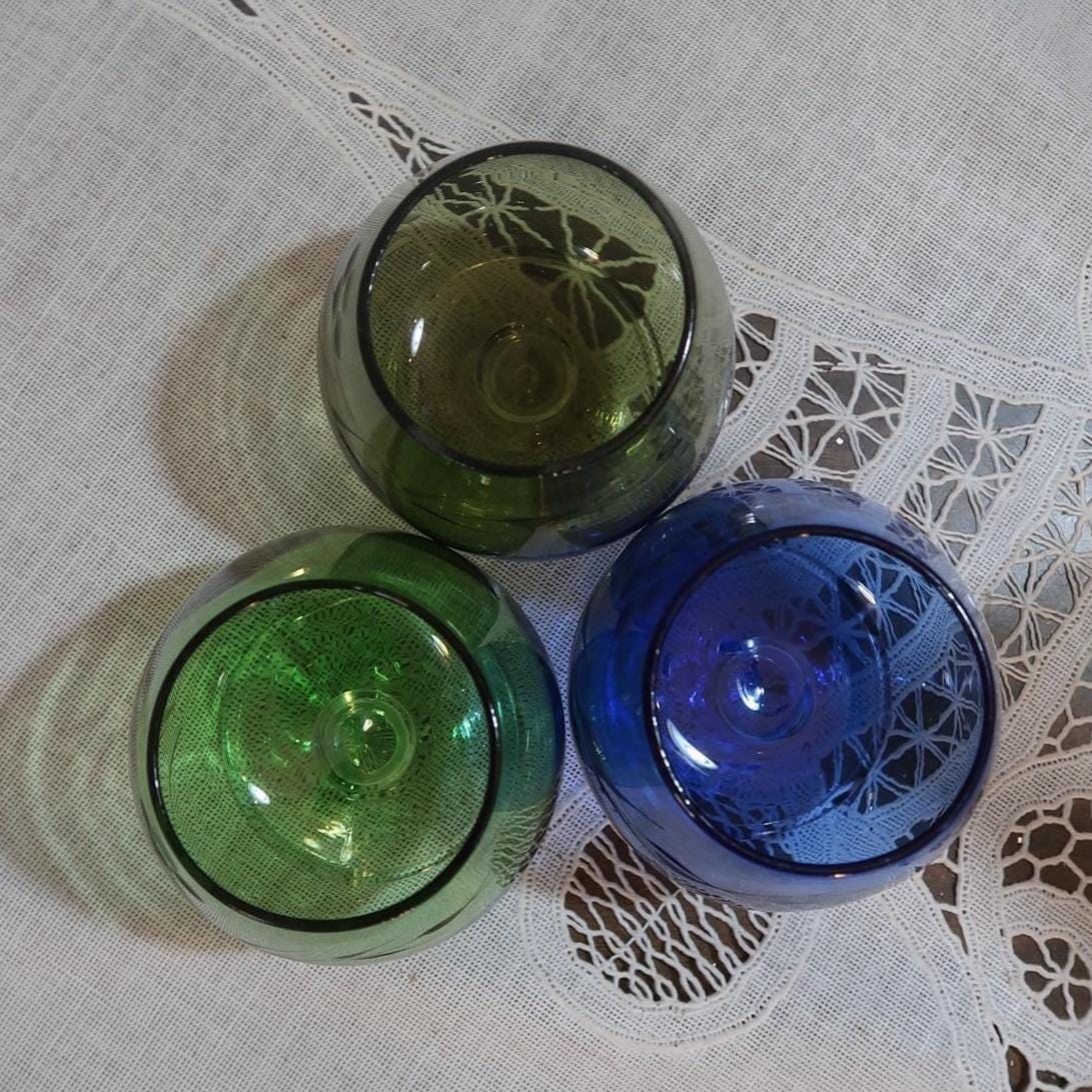 Gorgeous Set of 3 Vintage Etched Glass Stemware Snifters Spring Green ...