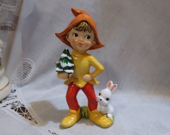 Darling Vintage Homco 6" Christmas Elf Pixie Brown Hat Yellow Shirt Shoes Orange Pants Holding Christmas Tree Little White Rabbit #5215