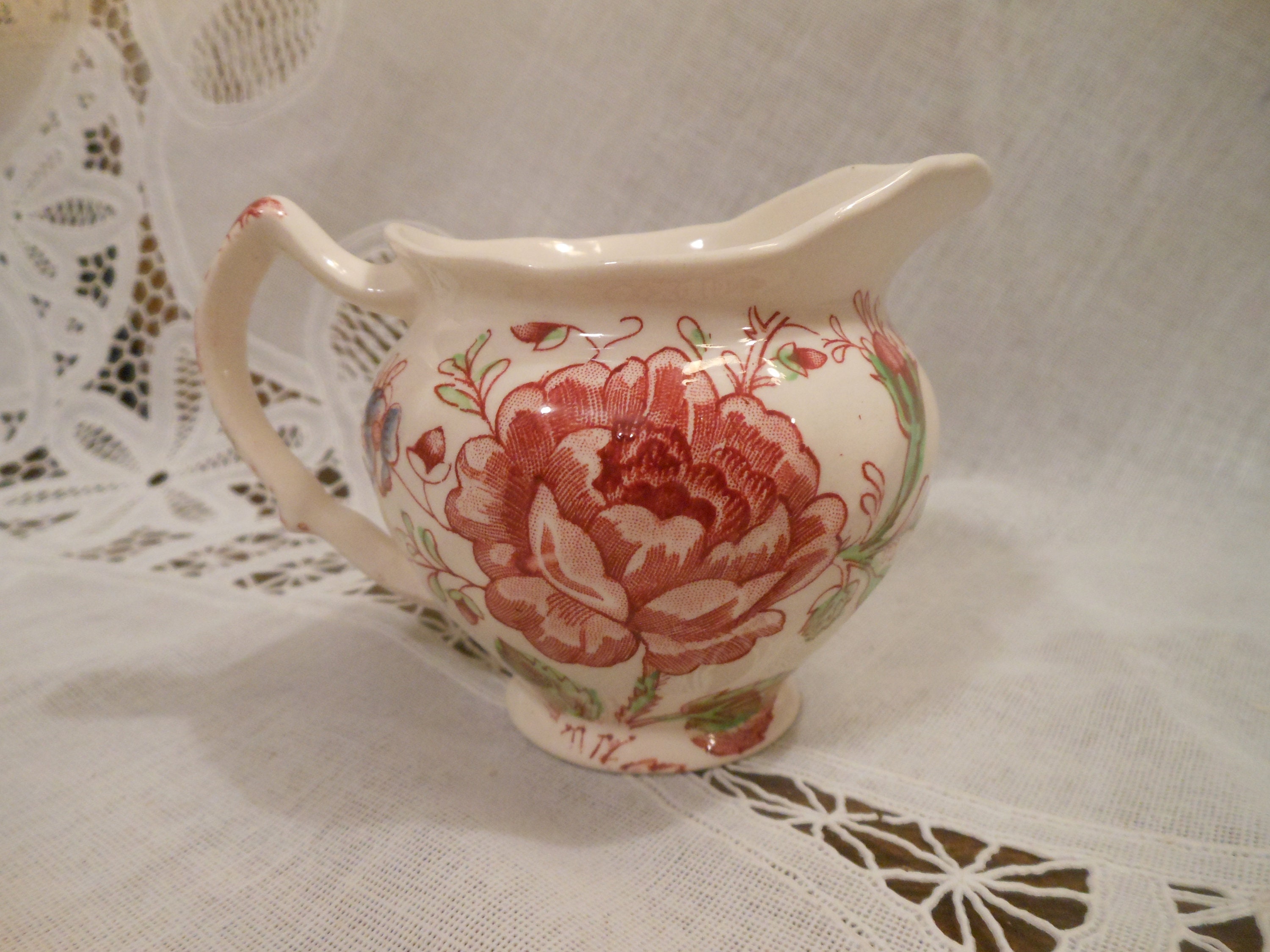 Vintage Johnson Bros Rose Chintz plat Mini pot à crème véritable gravure à la main Ironstone rose Rose bleu 4 pétales feuille verte bord festonné Angleterre