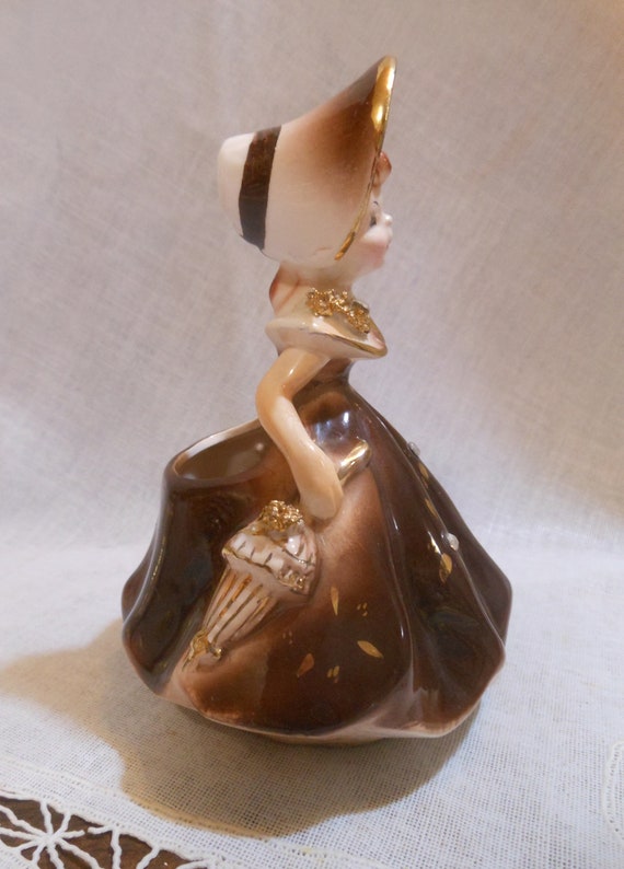 Adorable Vintage Enesco Golden Girls Planter Lady in Brown Dress W