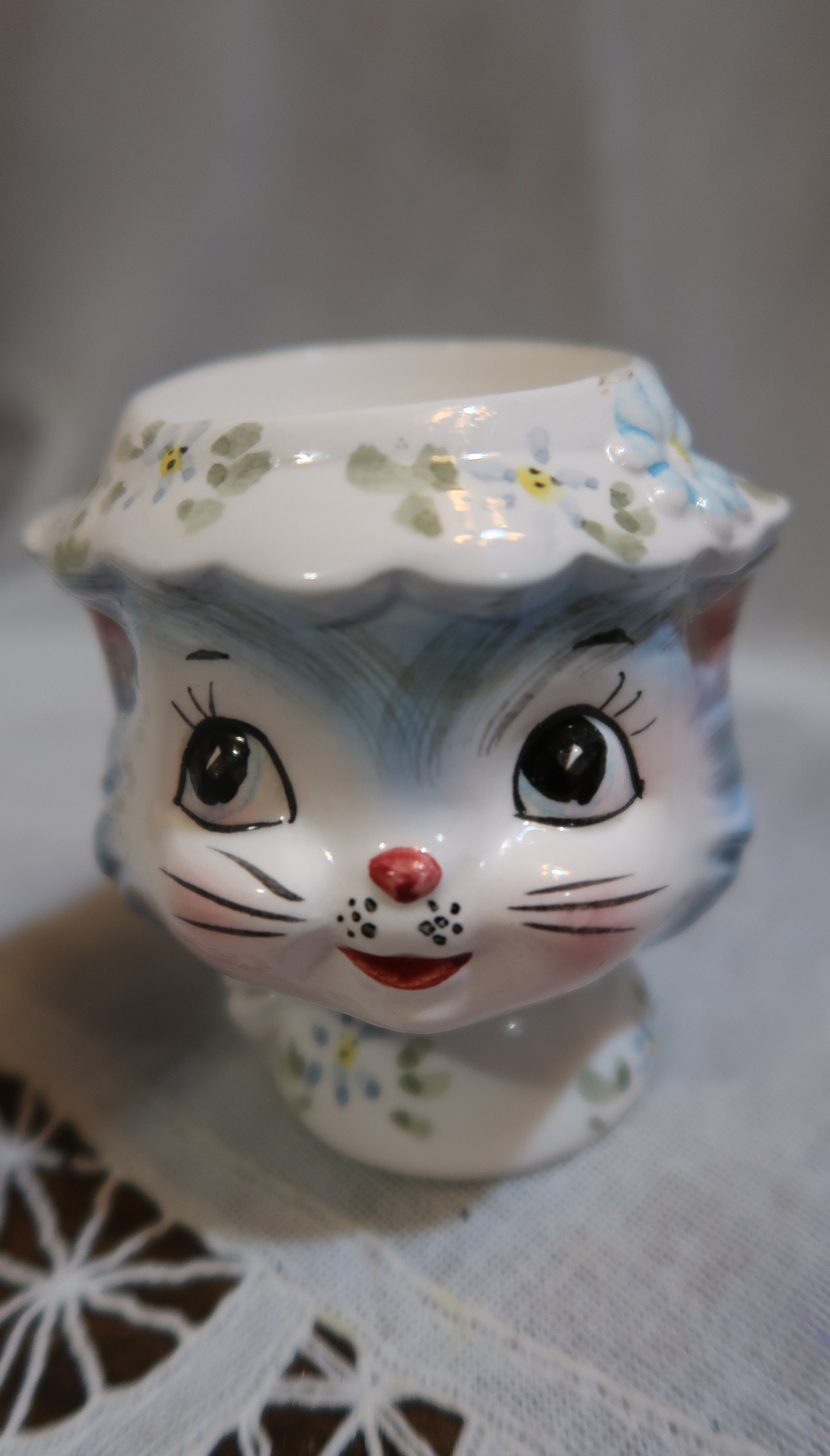 Darling Vintage Lefton Miss Priss Egg Cup Set Big Innocent Eyes