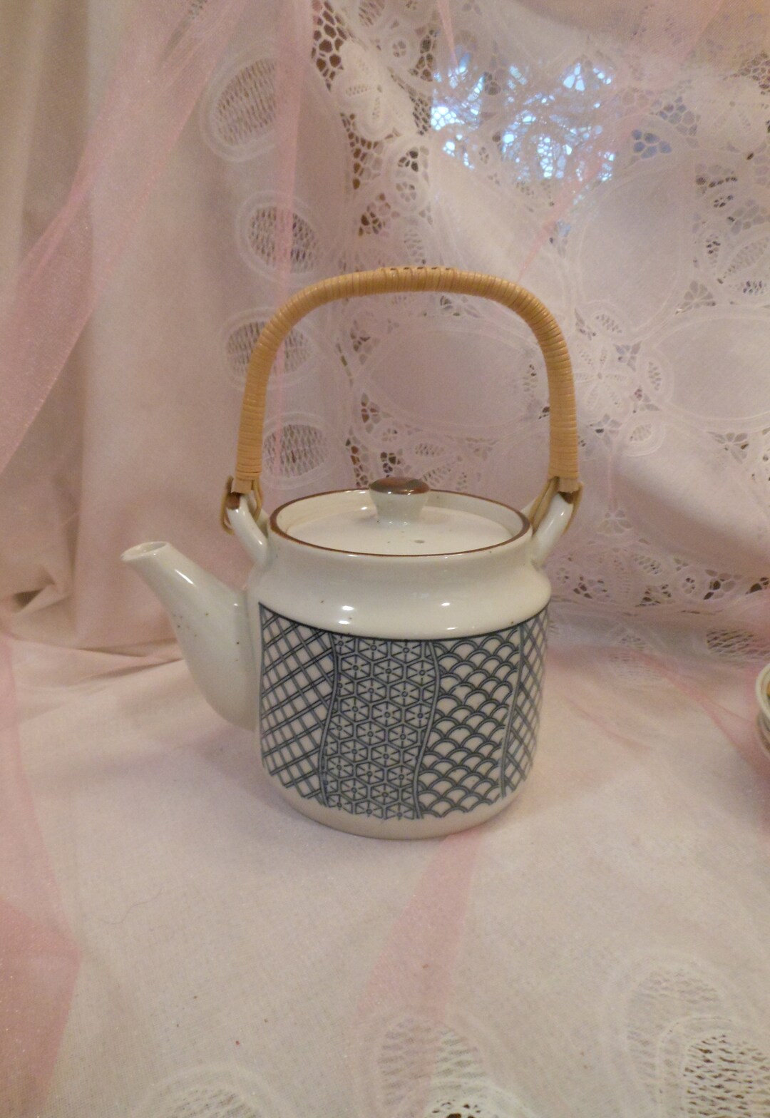 Vintage Brown Speckled Teapot W/ Fun Blue Patterns & Wicker Handle