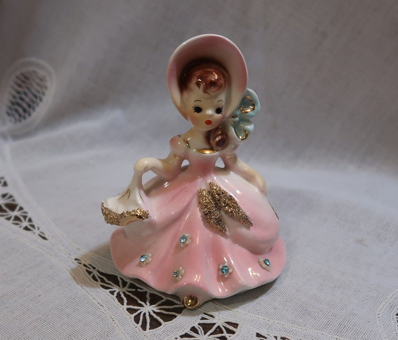 Kandy the Lovely Vintage Josef Originals shops California Pink Dress Hat Blue Rhinestones Gold Spaghetti Holding Parasol White Flowers Pretty Eyes