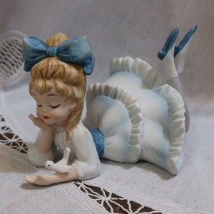 Sweet Vintage Lefton Bisque Laying Girl Large Hair Bow Aqua Blue Dress White Ruffles White Button Up Boots Gray Leggings Blond Hair Bird