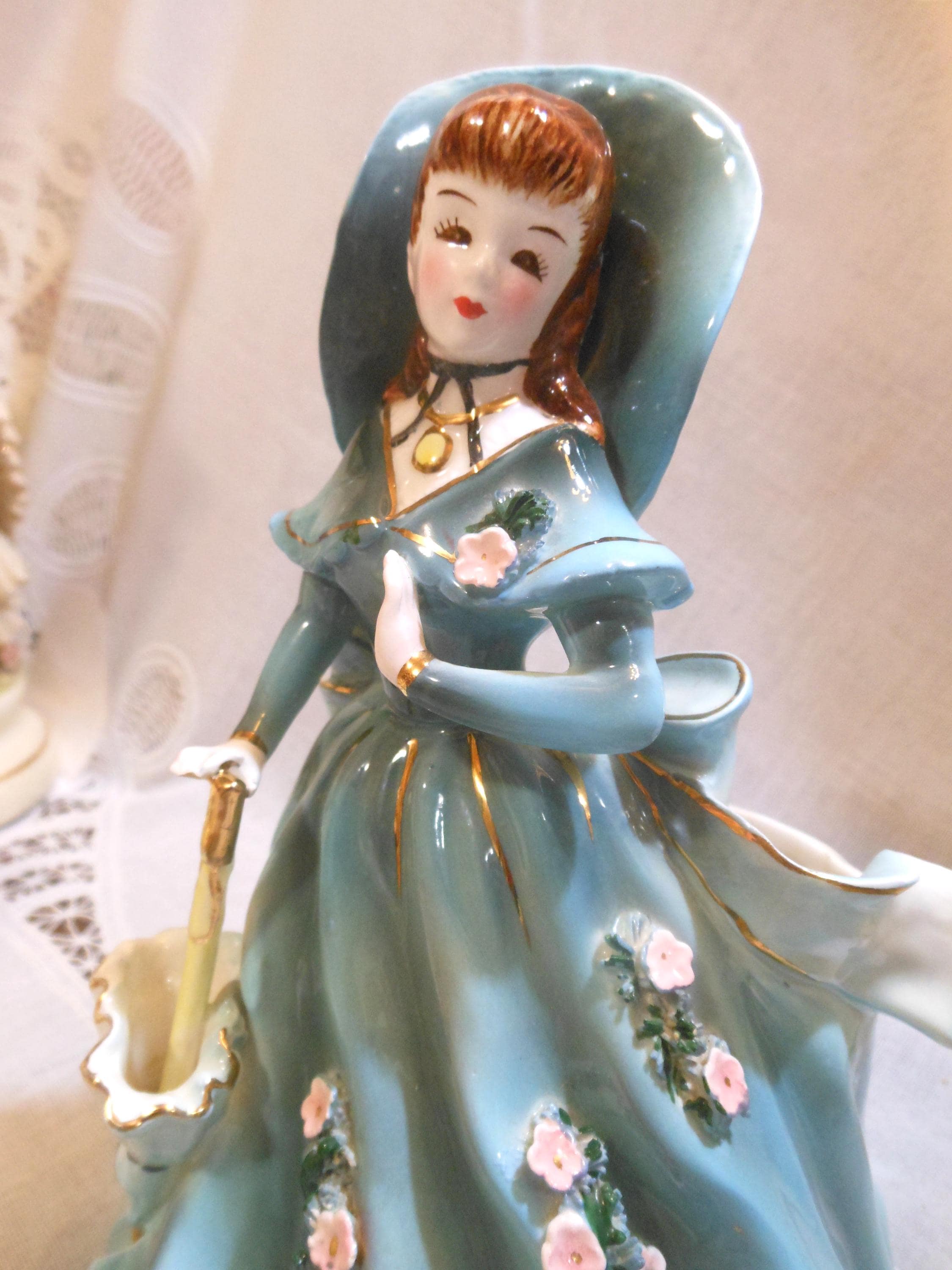 Magnificent Vintage Geo Z Lefton Lady Figurine Planter Teal Dress