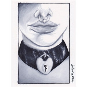 May include: A black and white illustration of a person's face with a nose ring and a black leather choker with a heart-shaped padlock.