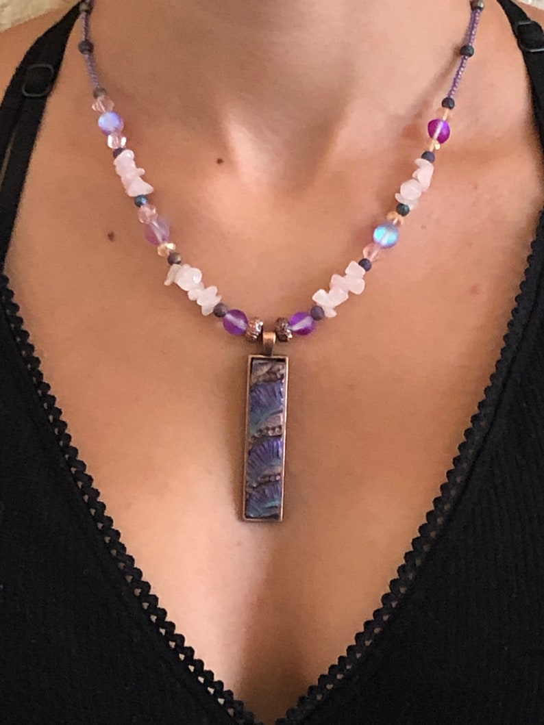 Jewelry Set Polymer Pendant and Beaded Necklace Lavender Glass Purple /& Copper