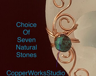 Cascading Swirls Era Cuff, Choice of 7  Natural Stones, Non Piercing, Copper Wire Wrapped Ear Cuff