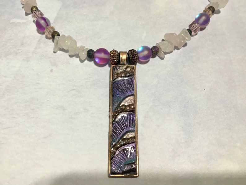 Jewelry Set Polymer Pendant and Beaded Necklace Lavender Glass Purple /& Copper