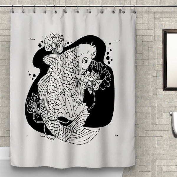 Monochrome Koi Fish Shower Curtain, Elegant Waterproof Fabric Bathroom Decor, Modern Black and White Design