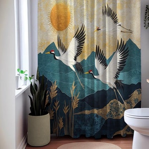 Elegant Crane and Sun Shower Curtain, Japanese Art-Inspired Design, Luxurious Gold and Blue Scenic Bathroom Decor for Sophisticated Homes
