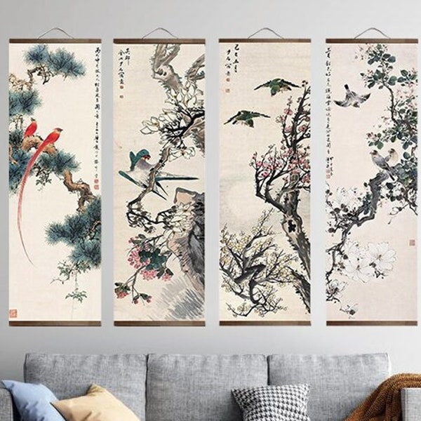 Traditional Japanese Scroll Painting, Nature, Birds, Canvas Wall Hanging Scrolls, Wall Decor, Wall Scroll Art, Scroll Poster with Frame