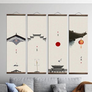Traditional Architecture Wall Scroll, Art Print, Japanese Chinese Oriental Architecture Painting, Wall Hanging Scrolls, Building Art