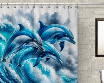 Zasłona prysznicowa z motywem delfinów oceanicznych - wodoodporna tkanina łazienkowa - wydruk artystyczny z motywem zwierząt morskich - motyw nadmorskich zwierząt morskich