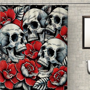 Skulls and Red Flowers Bath Curtain, Gothic Bathroom Decor, Waterproof Fabric Shower Curtain, Horror Themed Decor, Unique Bathroom Design