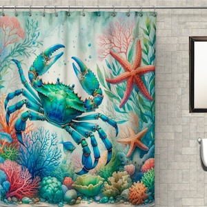 Colorful Ocean Blue Crab Shower Curtain, Waterproof Fabric Bath Curtain, Marine Life Bathroom Decor, Sea Life Coral Reef Design