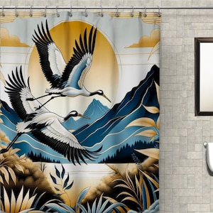Elegant Crane Shower Curtain - Waterproof Fabric Bath Curtain - Nature Bathroom Decor - Artistic Bird Design for Modern Bathrooms