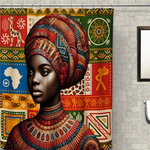 African Woman Shower Curtain | Afrocentric Black Girl Bath Curtain, Waterproof Fabric Bathroom Decor, Ethnic Print, Colorful Tribal Afro Art