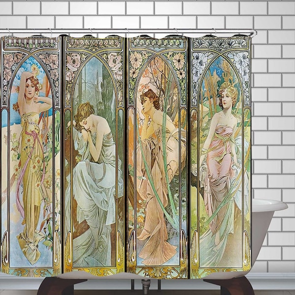 Shower Curtain Alphonse Mucha Art Nouveau Print Bath Decor Waterproof Bathroom Curtains