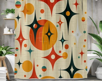 Modern geometrisch douchegordijn uit het midden van de eeuw, retro Starburst Atomic badkamerdecor, funky vintage stijl badkunst voor mod Home