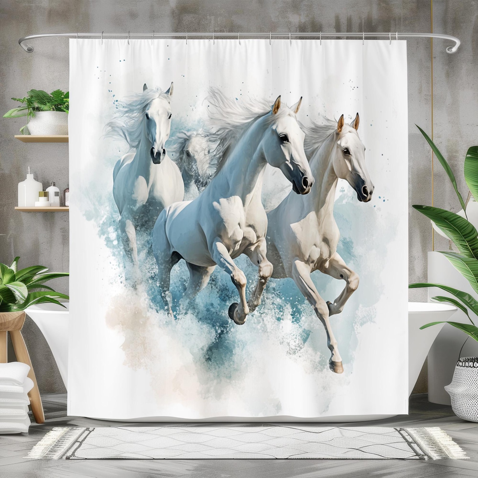 Galloping White Horses Shower Curtain Waterproof Fabric Bath Curtain