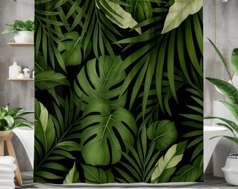 Cortina de ducha con hojas tropicales: decoración botánica de jungla para baño, estampado de palmeras monstera en negro, tela impermeable moderna de inspiración natural.