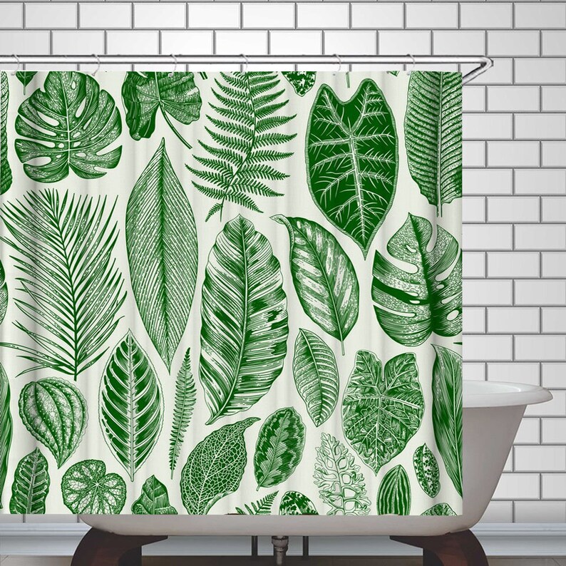 Botanical Shower Curtain Green Leaves Plants Bathroom Decor Etsy
