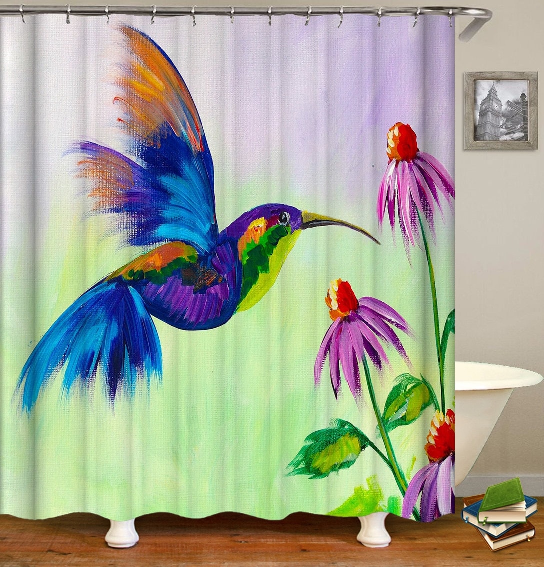 Hummingbird Red Flowers Shower Curtain Liner Waterproof Fabric Bathroom Mat Rug 